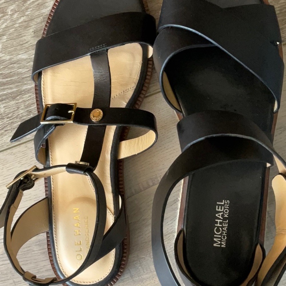 2 Pair Black Leather Sandals 7.5 Kors & Cole Haan